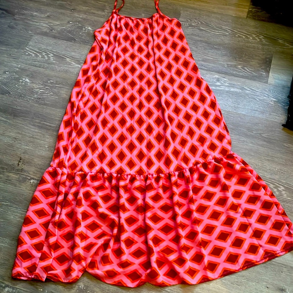 Red Geometric Patterned Slip Dress